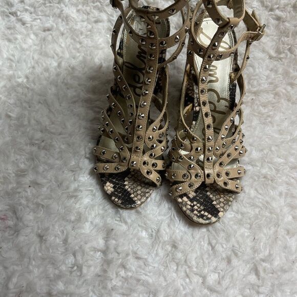 Sam Edelman Yadira leather tan studded & snake skin print Gladiator sandals SZ7 - Picture 5 of 11